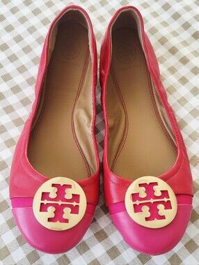 Tory Burch Minnie Cap-Toe Reva Ballet Flats, Red + Bright Azalea Pink Colorblock